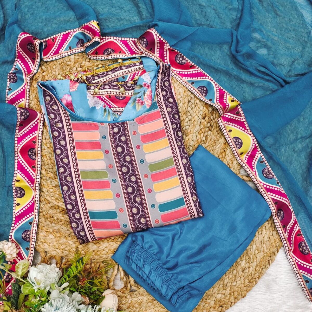 The shows a beautiful colorful Indian outfit - Image 9