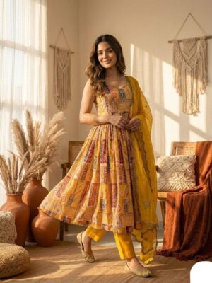 Graceful Digital Print Gown With Pant Dupatta